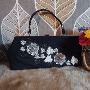 VTG. CARON of Houston Texas 1960's Black Silver Flowers Black Sequins HANDBAG